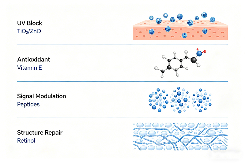 The Four-Dimensional Anti-Aging Strategy: UV Block, Oxidative Defense, Signal Repair